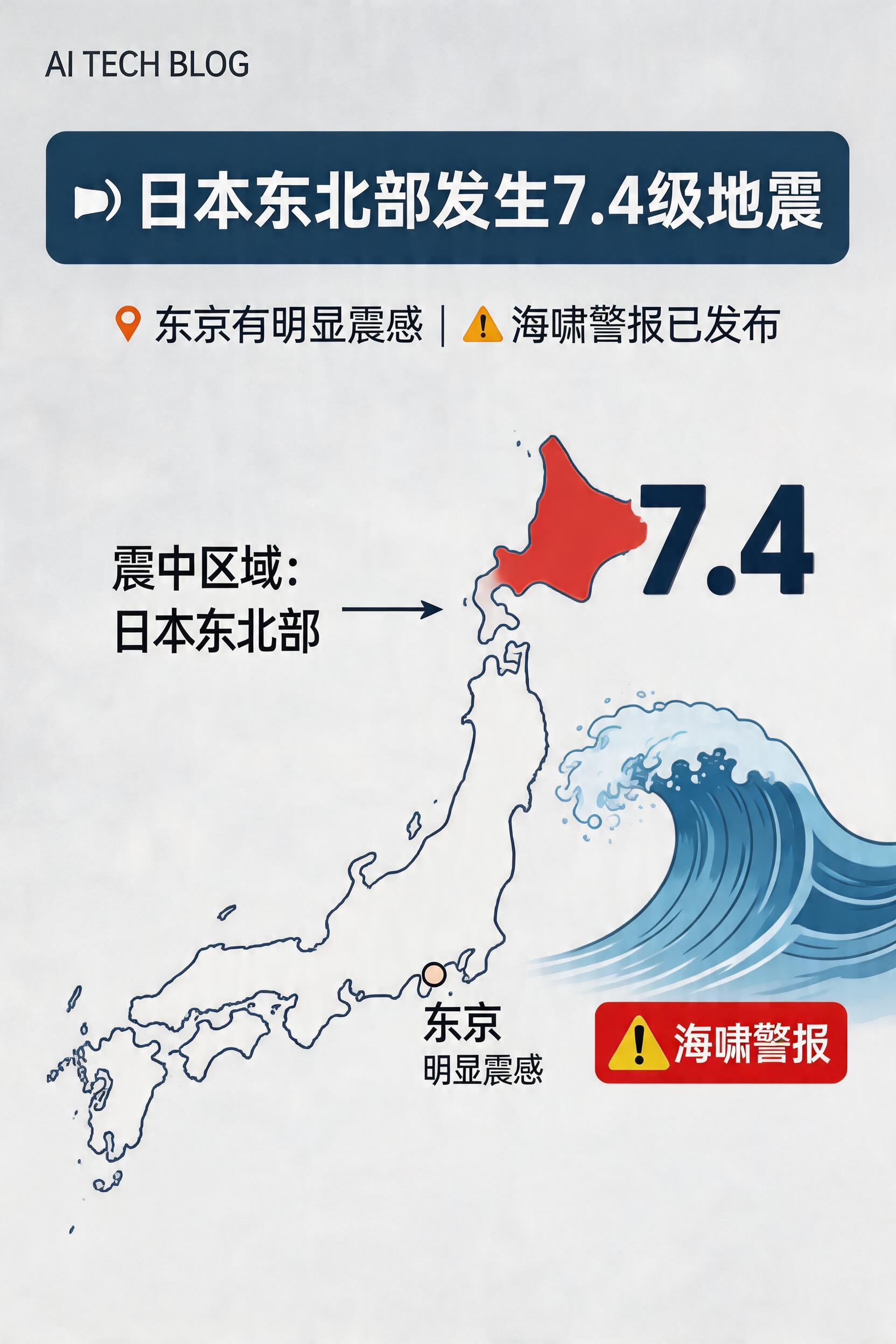 日本东北部沿海地区发生7.4级地震，东京有明显震感，已发布海啸警报
